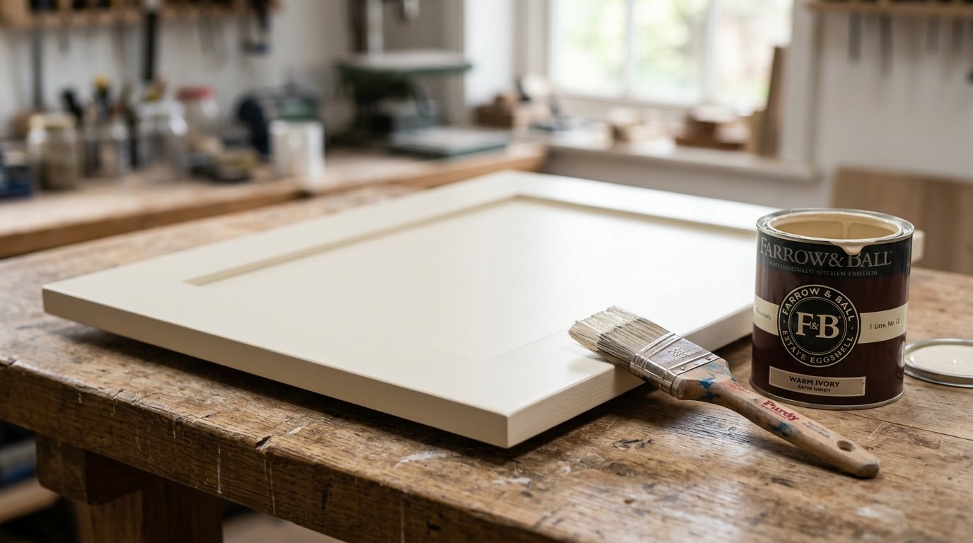 Best cabinet paint applied to a shaker kitchen cabinet door in a test workshop