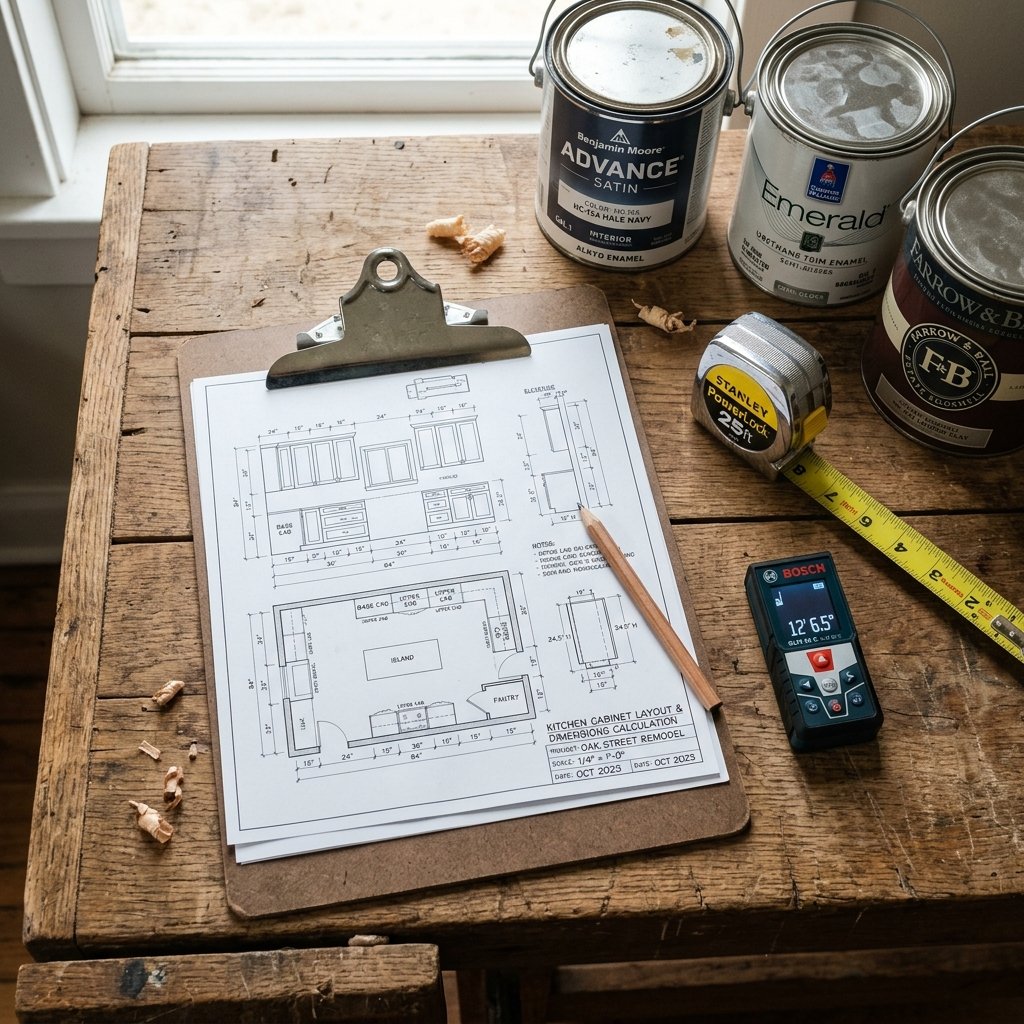 Architect clipboard with kitchen cabinet dimensions calculation blueprint, measuring tape, and paint cans on workshop table