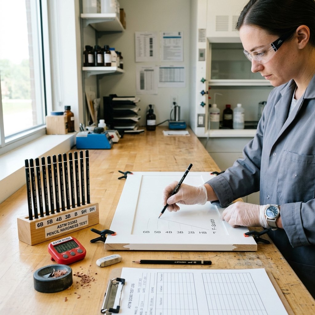 Scientist in laboratory conducting ASTM D3363 pencil hardness test on a painted white cabinet door panel with digital timer
