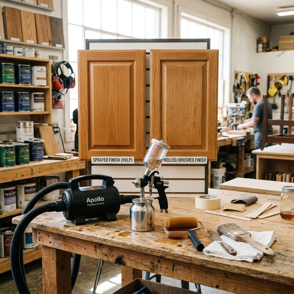 HVLP turbine spray gun next to a mini foam roller on a workshop table with side by side comparison of sprayed vs rolled cabinet doors